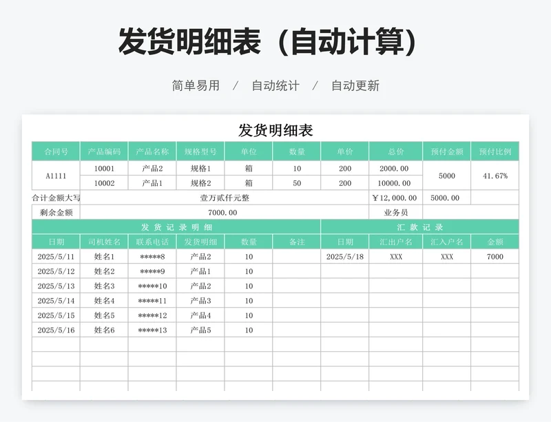 发货明细表（自动计算）