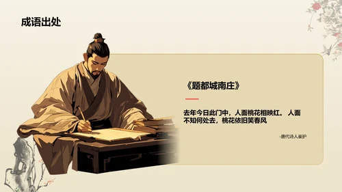 红色复古风人面桃花典故赏析PPT模板