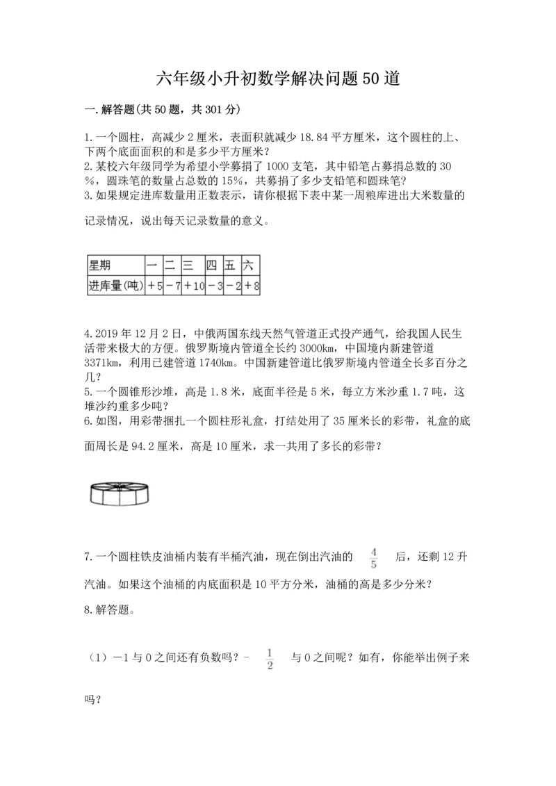 六年级小升初数学解决问题50道精品（考点梳理）.docx