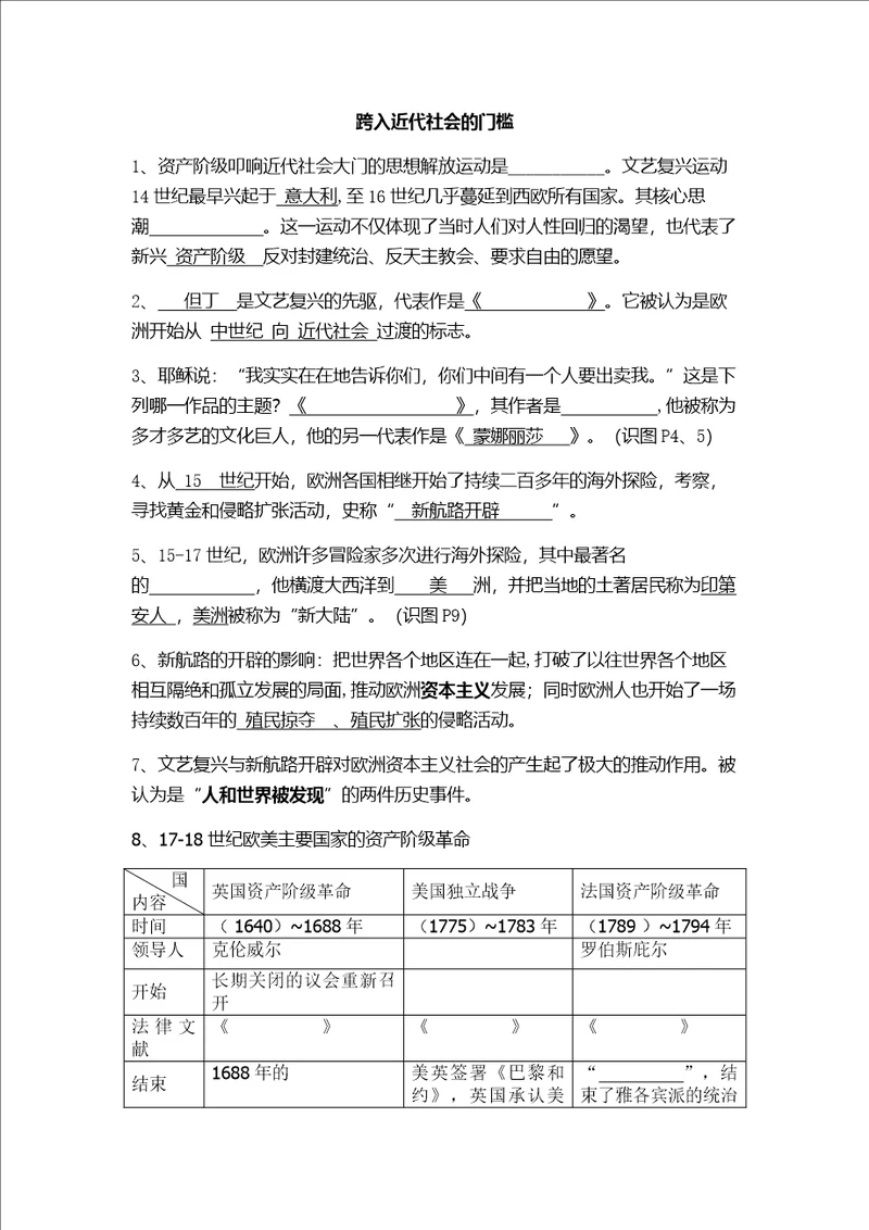 跨入近代社会的门槛复习提纲