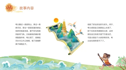 橙色绿色国潮卡通插画夸父逐日神话故事动态PPT