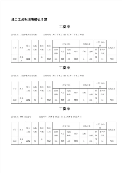 员工工资明细表模板5篇