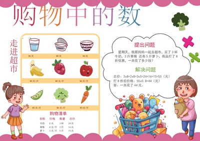 可爱卡通购物中的数学手抄报学科小报