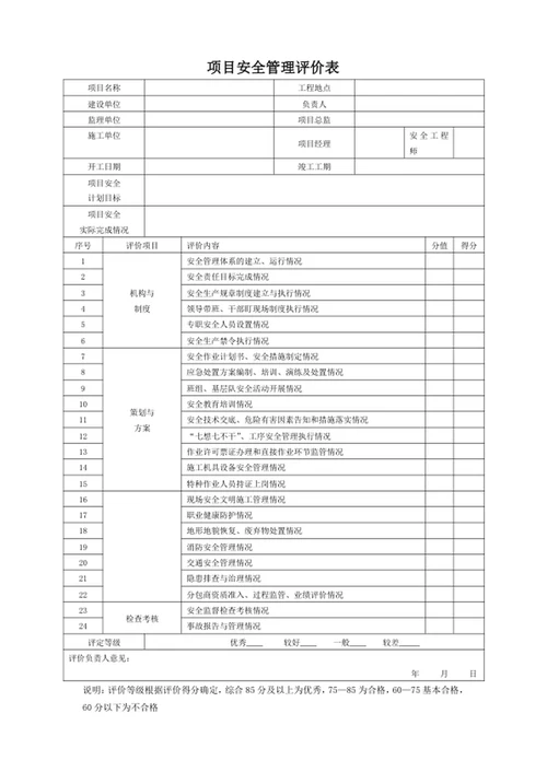 项目安全管理评价表