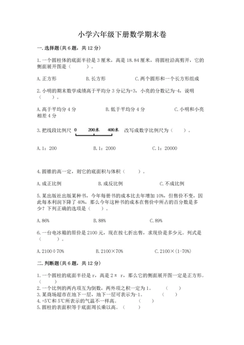 小学六年级下册数学期末卷附完整答案（全优）.docx