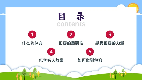 红蓝绿剪纸风卡通包容主题班会PPT课件