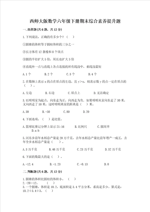 西师大版数学六年级下册期末综合素养提升题夺冠系列word版