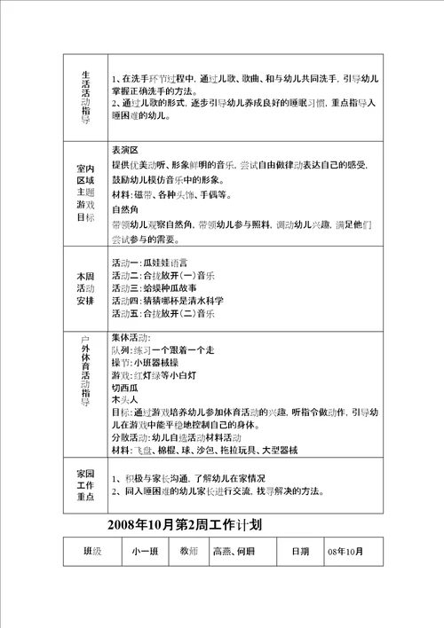 小班第一学期周计划