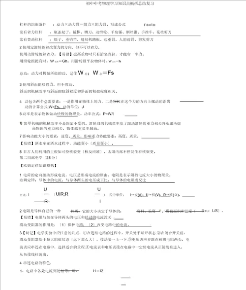 初中中考物理学习知识点归纳总结复习