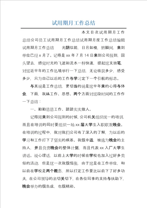 试用期月工作总结