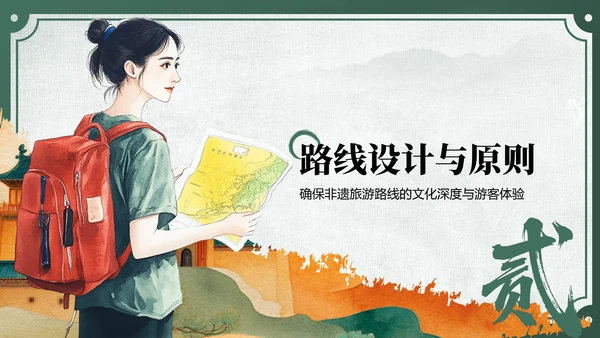 绿色中国风非遗旅游路线策划PPT模板