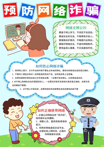 竖版预防网络诈骗手抄报网络安全电子小报模板