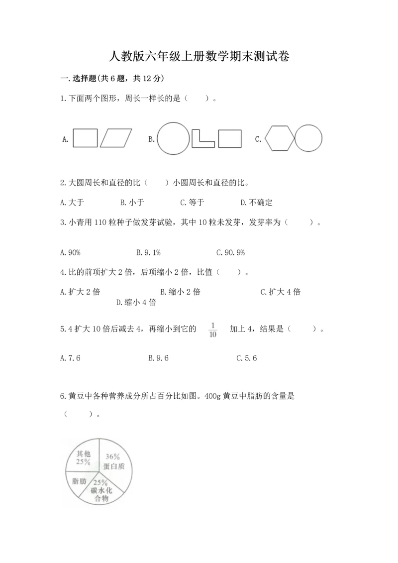人教版六年级上册数学期末测试卷1套.docx