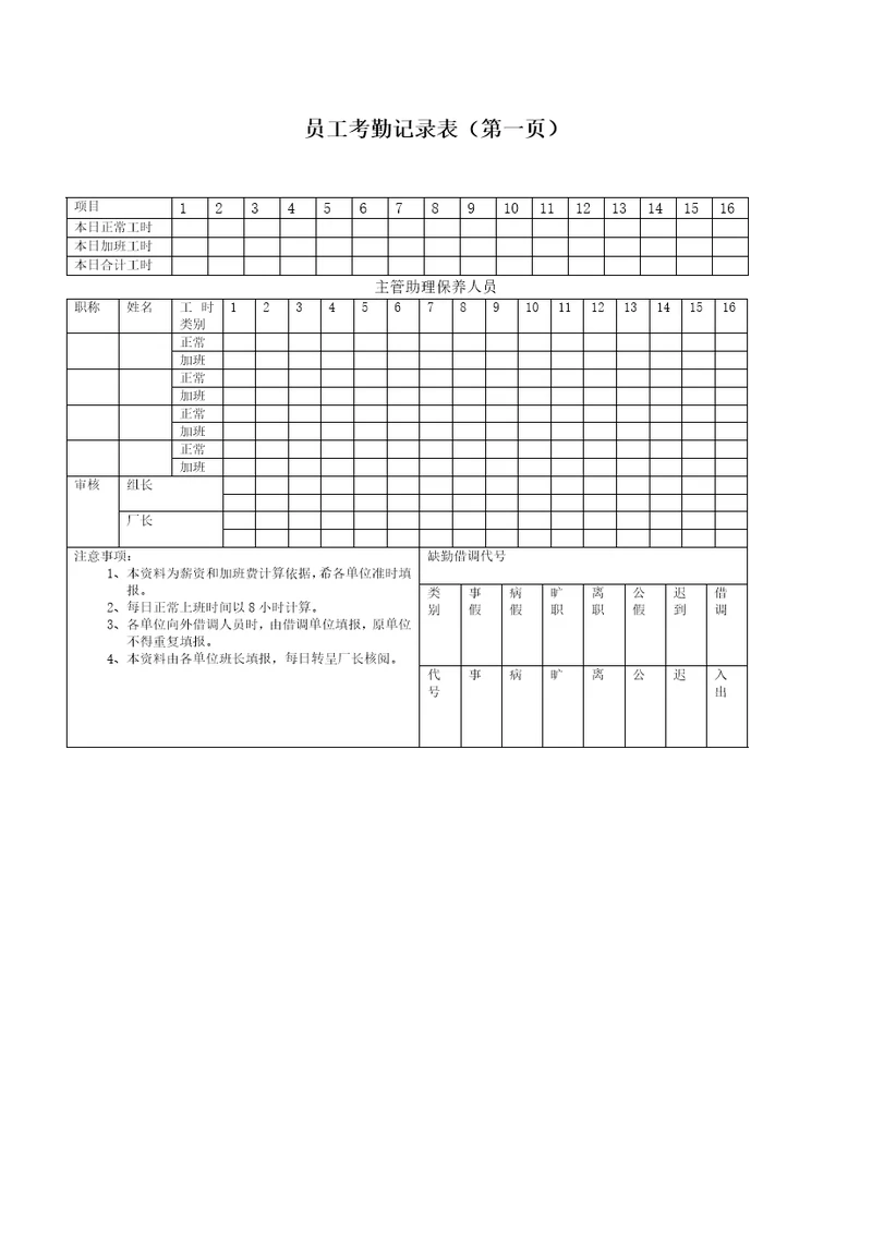 员工考勤记录表（一）