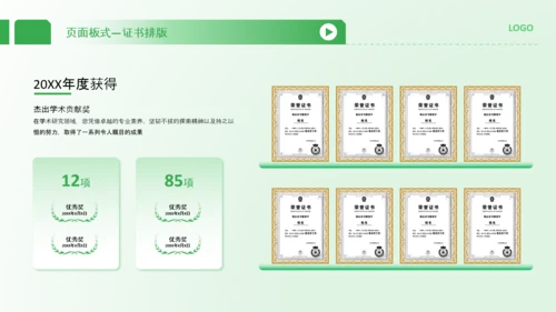 绿色商务证书奖状排版PPT版式合集