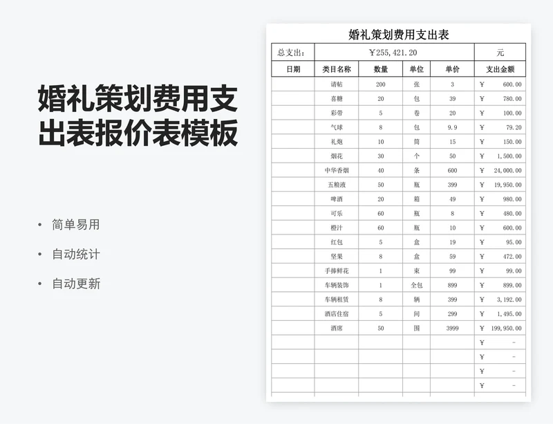 婚礼策划费用支出表报价表模板