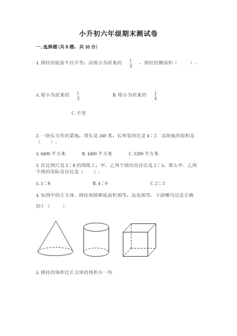 小升初六年级期末测试卷（a卷）.docx