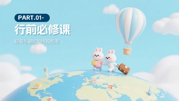 简约蓝色可爱拟态风旅行攻略PPT模板