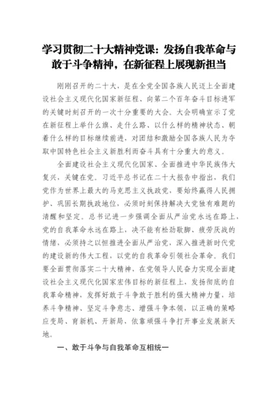 【党课讲稿】学习贯彻二十大精神党课：发扬自我革命与敢于斗争精神，在新征程上展现新担当.docx