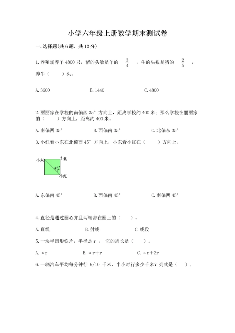 小学六年级上册数学期末测试卷附完整答案【必刷】.docx