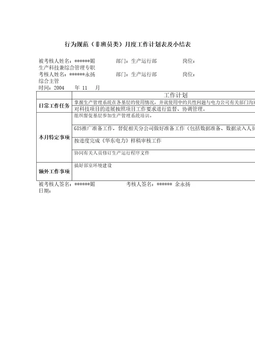 供电公司生产科技兼综合管理专职行为规范考评表