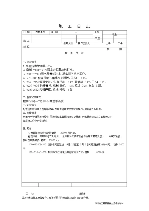 施工日志范本