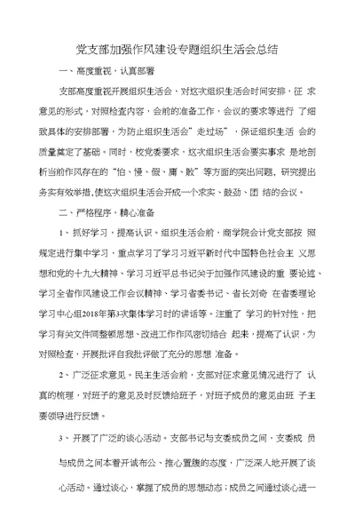 党支部加强作风建设专题组织生活会总结