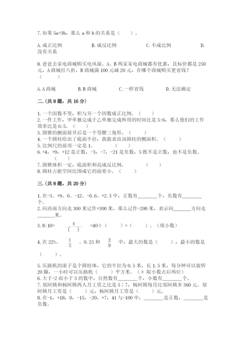 河南省平顶山市六年级下册数学期末考试试卷（名师系列）.docx