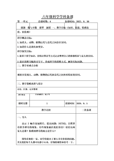 青岛版科学六年级上册像与不像教案