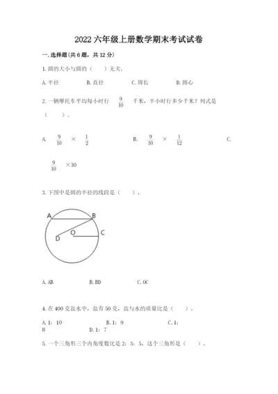 2022六年级上册数学期末考试试卷（轻巧夺冠）.docx