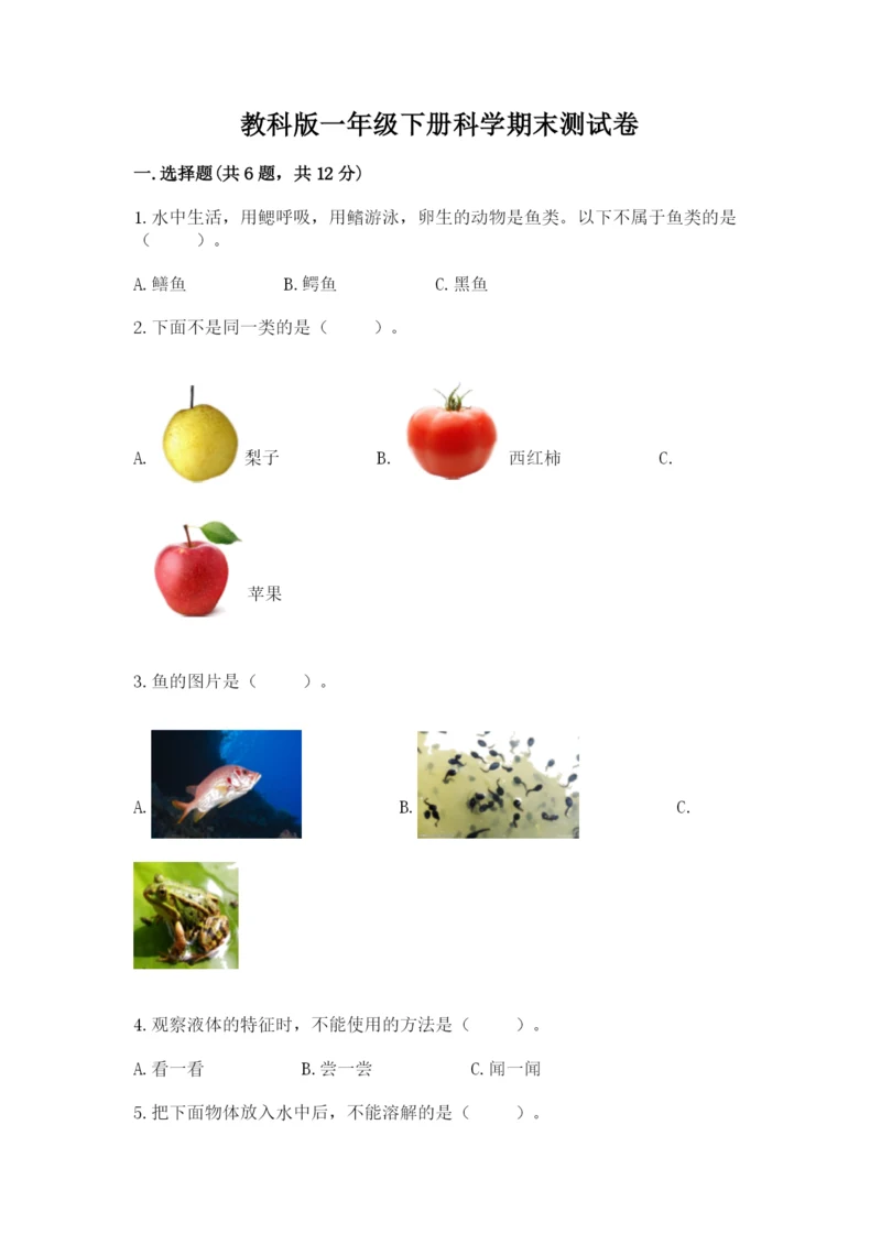 教科版一年级下册科学期末测试卷（夺冠系列）.docx