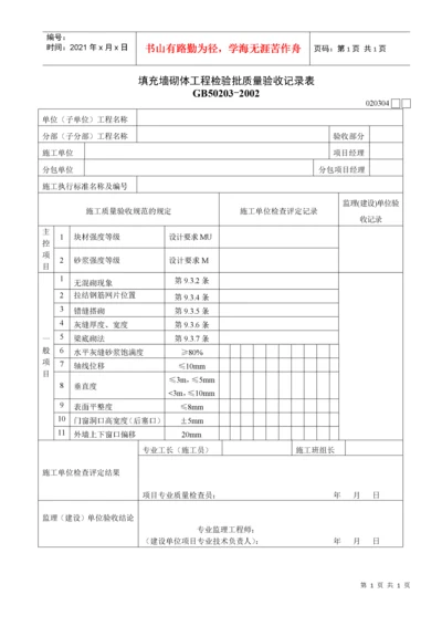 填充墙砌体工程检验批质量验收记录表.docx