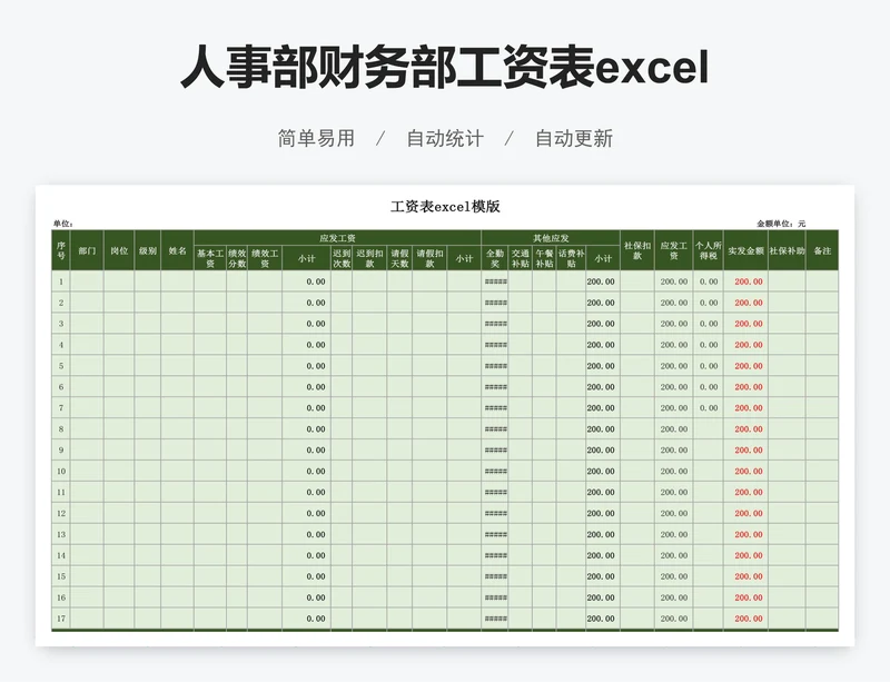 人事部财务部工资表excel模版