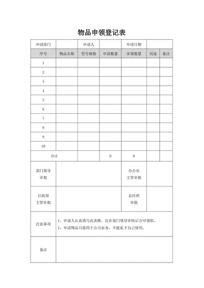 物品申领登记表