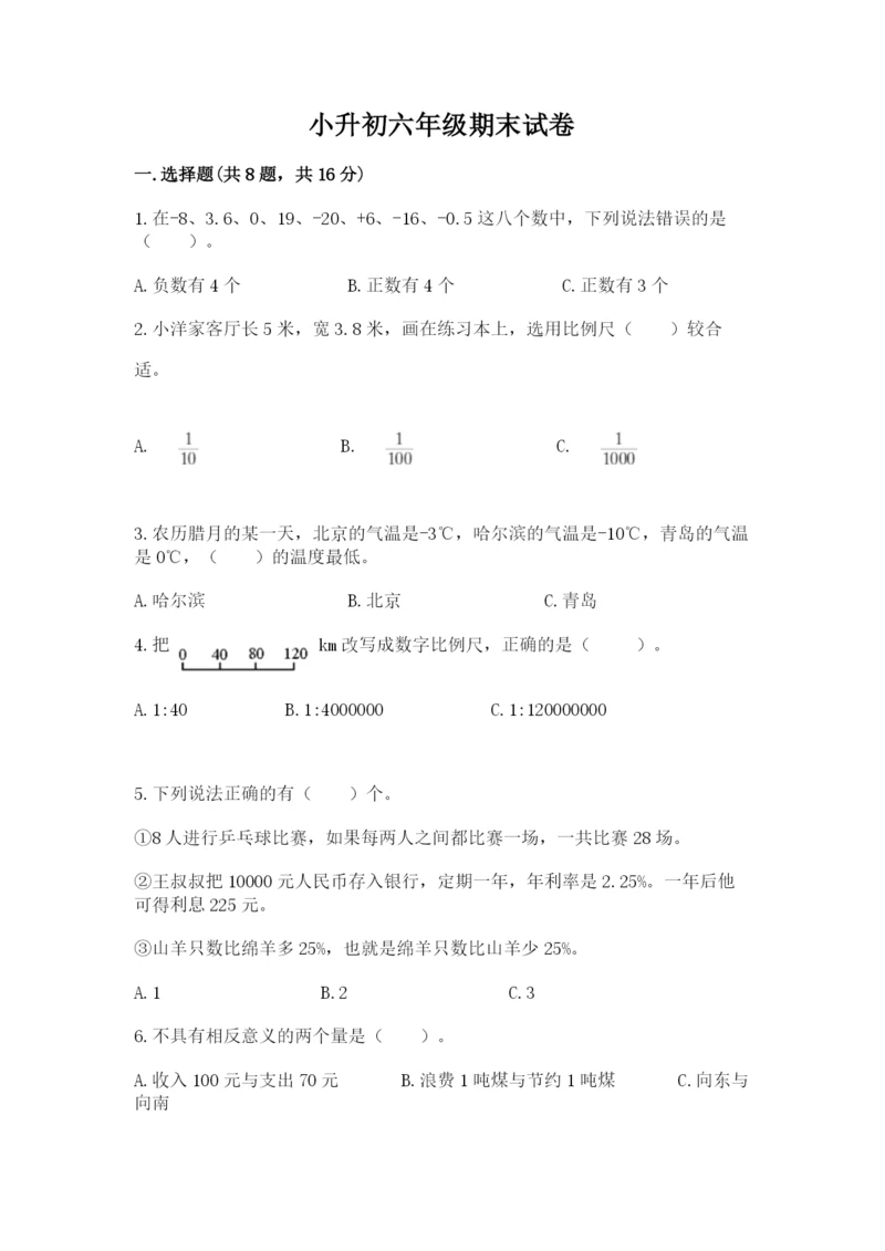 小升初六年级期末试卷精品【典优】.docx