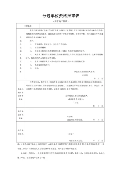 分包单位资格报审表