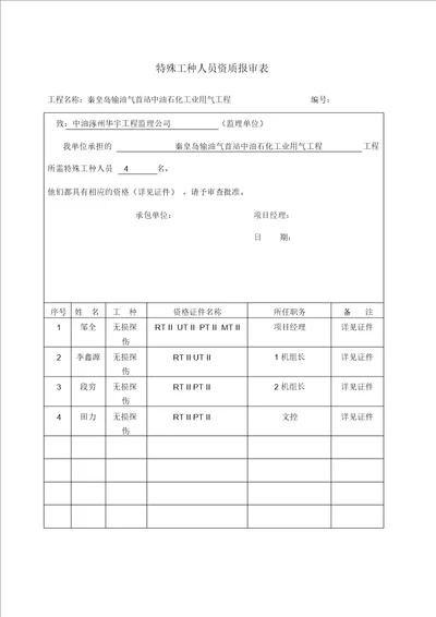 特殊工种人员资质报审表