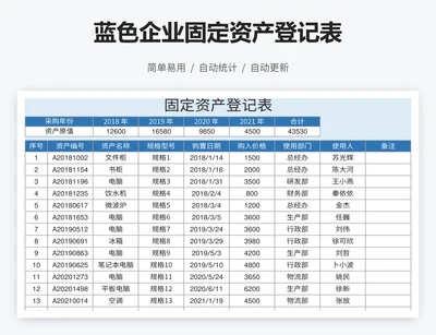 蓝色企业固定资产登记表