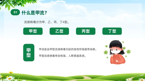 绿色清新关注健康预防甲流甲型流感病毒知识科普讲座PPT