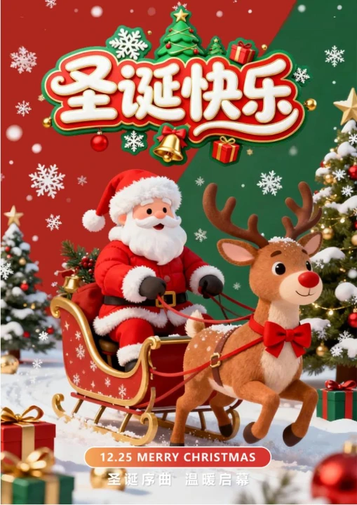 红色3D卡通风圣诞节节日祝福海报