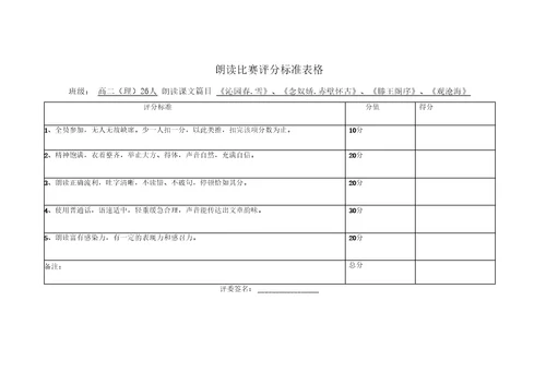 朗读比赛评分标准表格