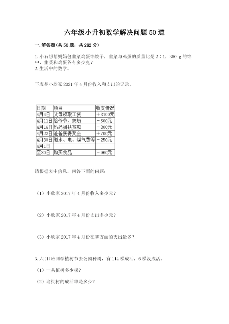六年级小升初数学解决问题50道【精练】.docx