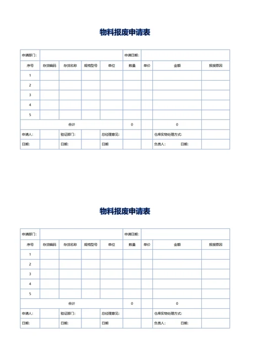 仓库物料报废申请表