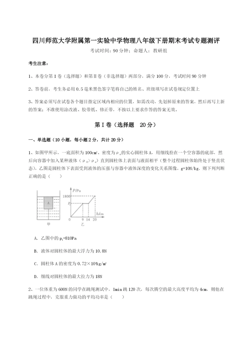 专题对点练习四川师范大学附属第一实验中学物理八年级下册期末考试专题测评试卷（含答案详解版）.docx