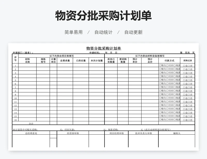 物资分批采购计划单