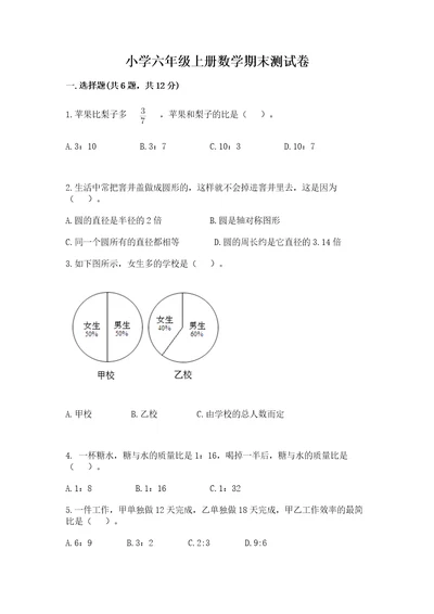 小学六年级上册数学期末测试卷附答案（基础题）