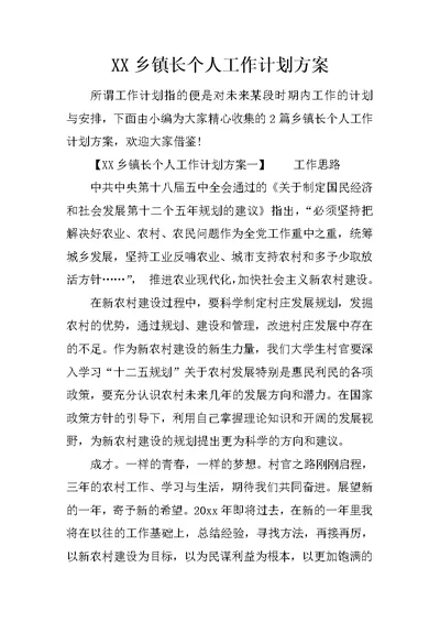 XX乡镇长个人工作计划方案