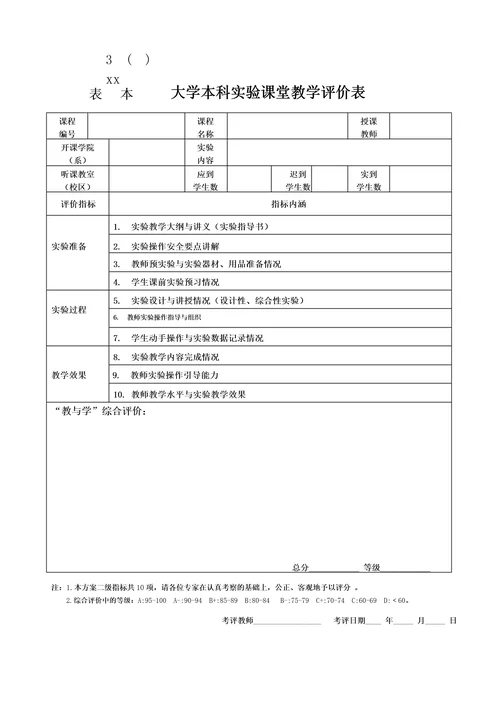 实验课堂教学评价表