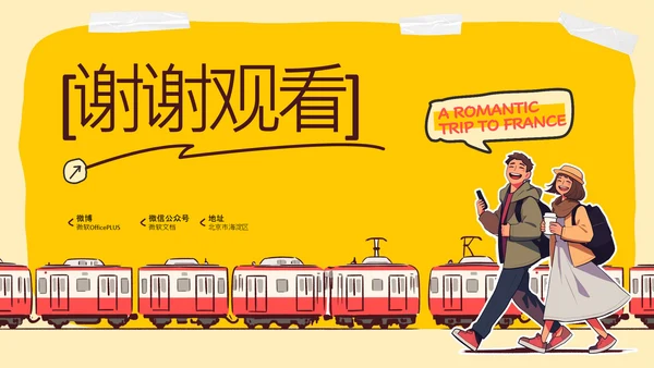 橙黄色简约手绘拼贴法国旅游攻略PPT模板