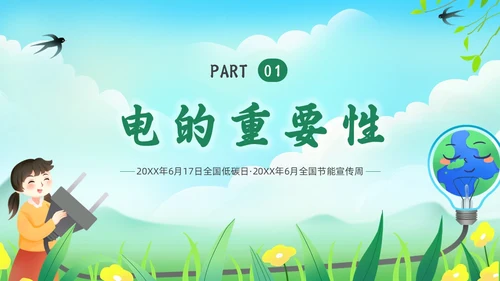 绿色插画环保节约用电主题班会PPT课件